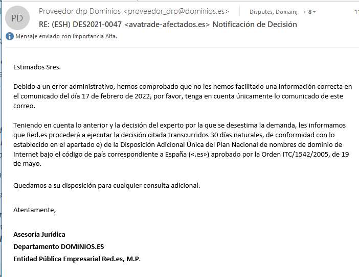 Dominios.es no tiene prisa en desbloquearme el dominio de AVATRADE-AFECTADOS.ES