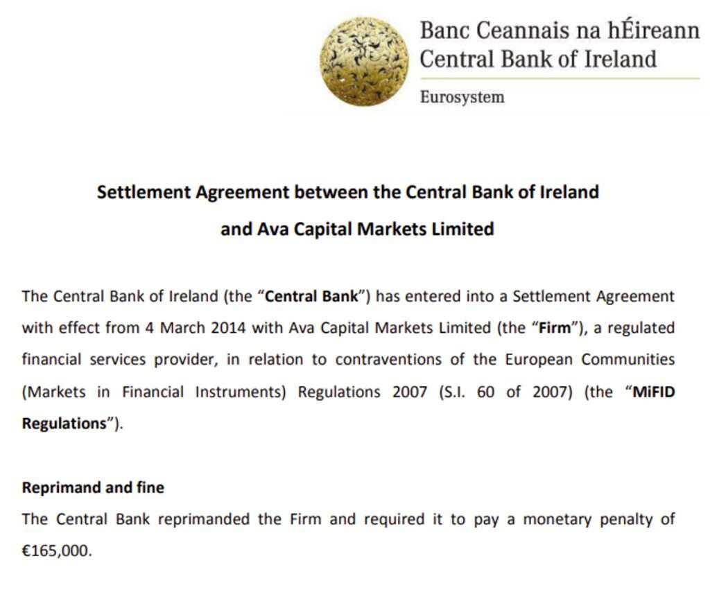 El Banco Central amonestó a la Empresa y le exigió el pago de una sanción monetaria de €165,000.