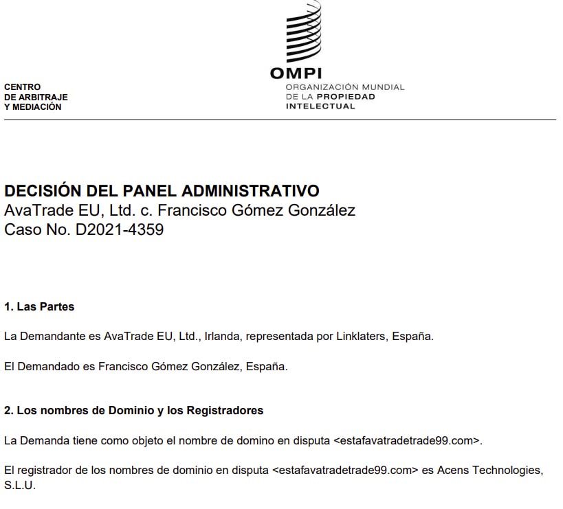 Avatrade pierde demanda contra Francisco Gómez González solicitando el dominio estafavatradetrade99.com