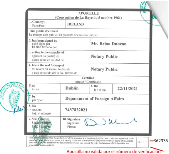 Supuesta firma del notario irlandés Brian Duncan del 22 de noviembre de 2021  de la apostilla que presenta con los poderes falsamente firmados por Daire Ferguson el 7 de noviembre de 2021. Advertir que está apostilla no es válida por el número de verificación